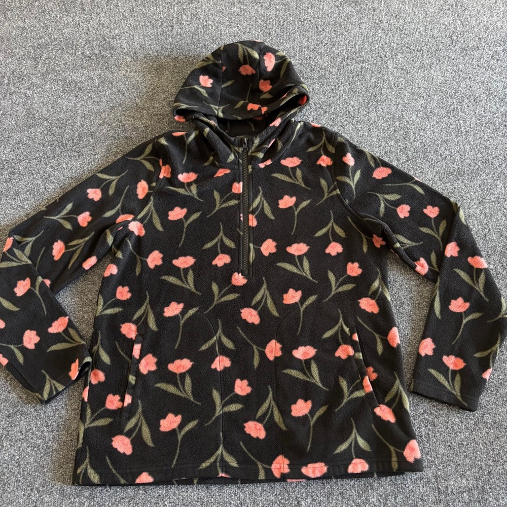 ONeill Womens Black Pink Floral Fleece Quarter Zip Hooded Pullover Size Medium